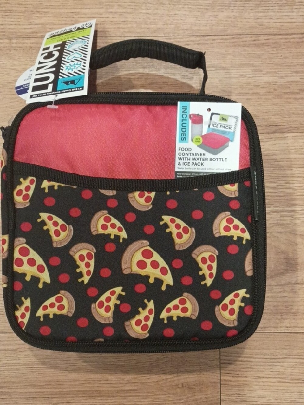 Kids Pizza Print Insulated Lunch Bag - Red and Black - Picture 2 of 6